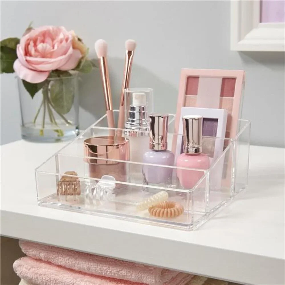 Clear Plastic Small Countertop Vanity Makeup Organizer, Compact Rectangular